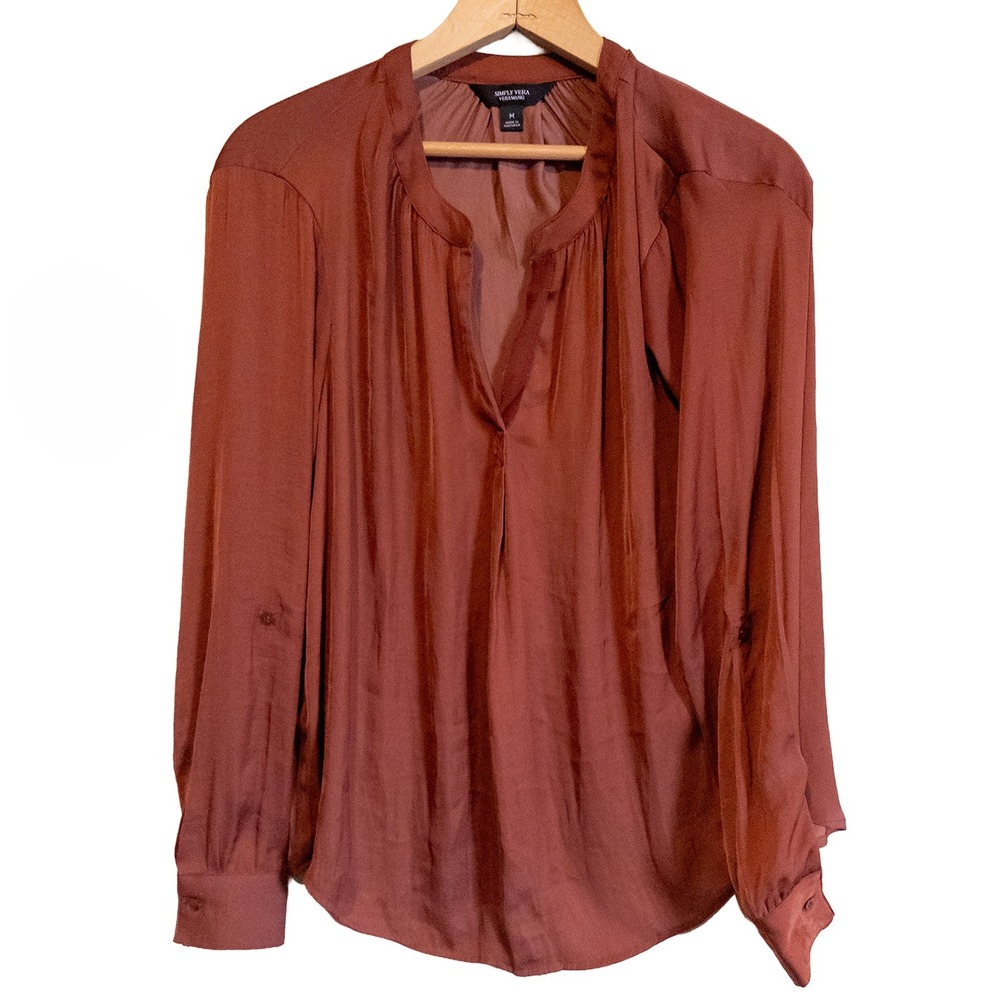 Simply Vera Blouse Rust Orange Pleated V-Neck Long Sleeve Top Womens Medium